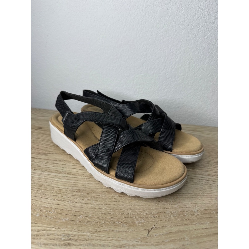 Clarks Collection Jillian Black Snakeskin Strappy Wedge Sandals Womens 10W